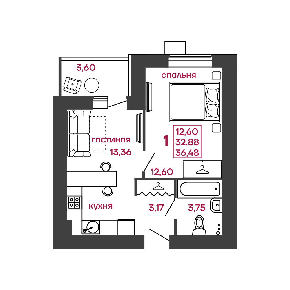 Купить 1-комн. квартира, тип 1 в Пензе | 1-комн. квартира, тип 1в Пензе в  ЖК Алфавит